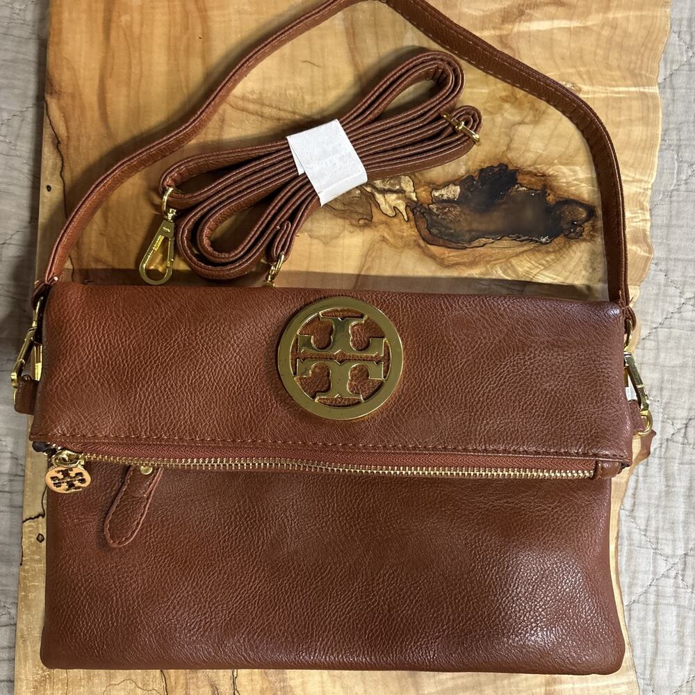 TORY BURCH Brown Leather Fold Over Clutch Shoulder Crossbody Bag